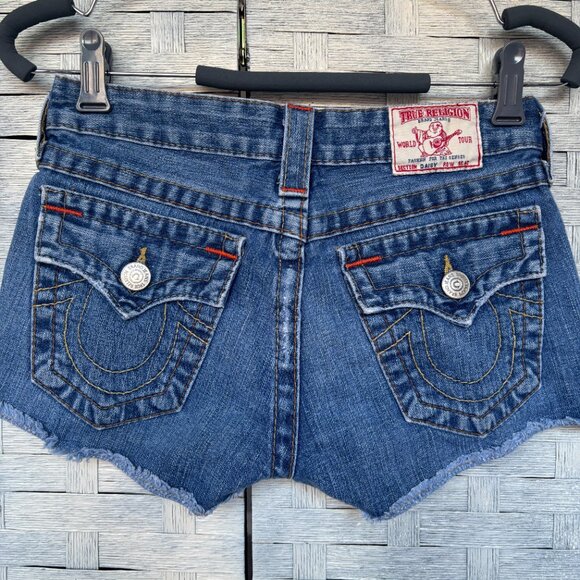 TRUE RELIGION Blue Jean Short Cut Off Raw Hem Daisy Distressed Low Rise 25 - Picture 3 of 7